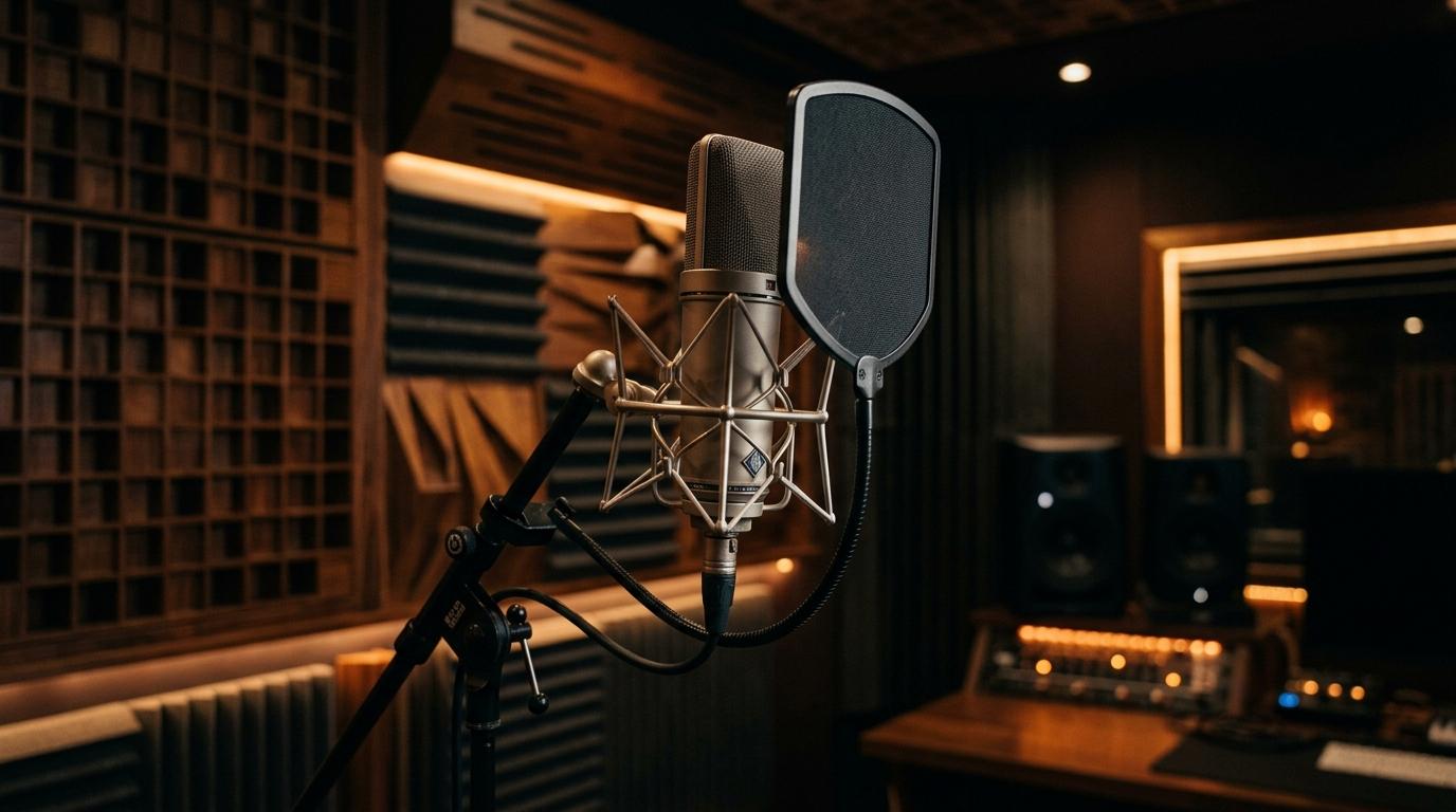 Micrófono profesional en cabina de grabación acústica